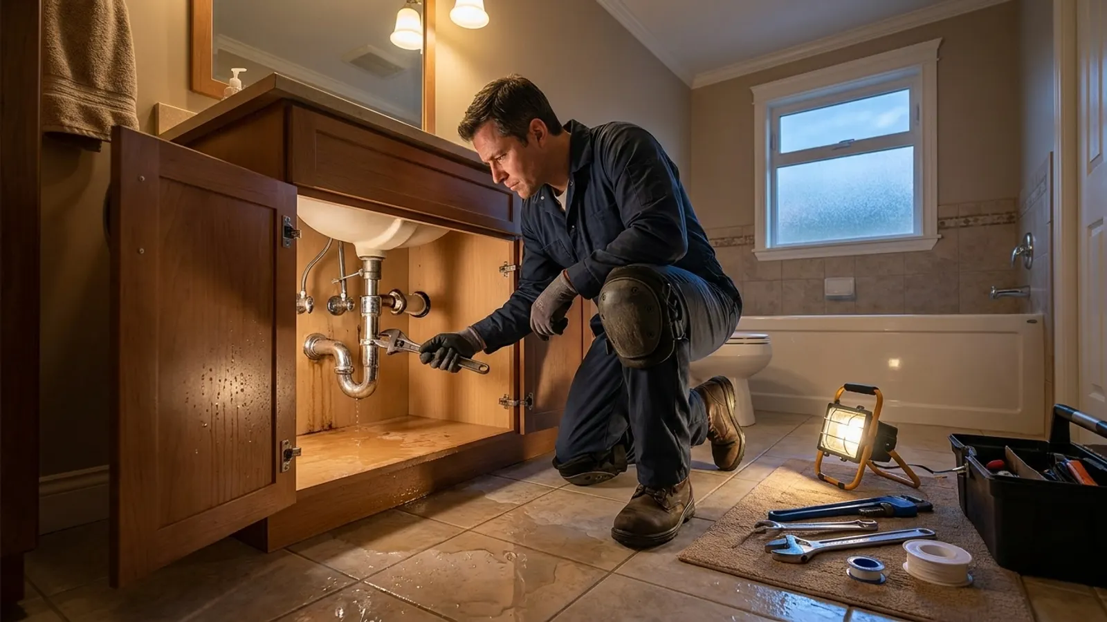 A plumber kneeling at an open bathroom vanity, wrenching the sink drain trap above a wet floor, with a work light and tools