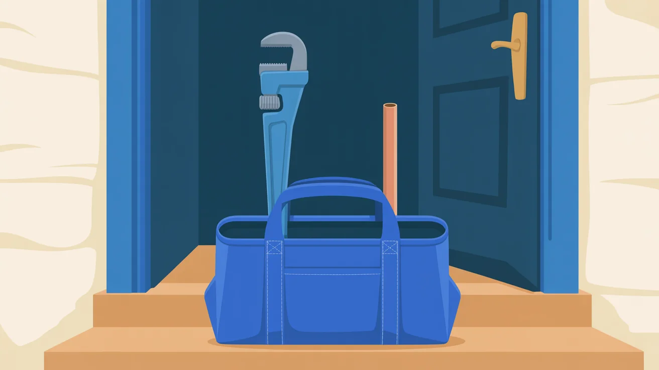 Illustration of an open plumbing tool bag with a pipe wrench and copper pipe on front steps, a navy door ajar behind it