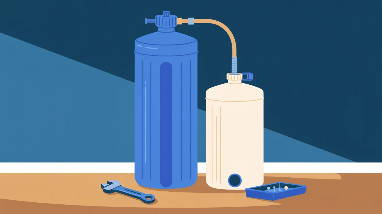 Illustration of a water softener's tall blue resin tank and cream brine tank, with a wrench and parts tray on the floor