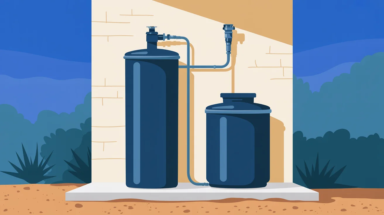 Illustration of a water softener with a tall navy resin tank and a shorter brine tank on a concrete pad by a sunlit wall