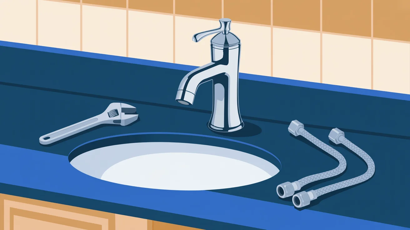 Illustration of a chrome bathroom faucet behind a white basin on a navy counter, with a wrench and two braided supply lines