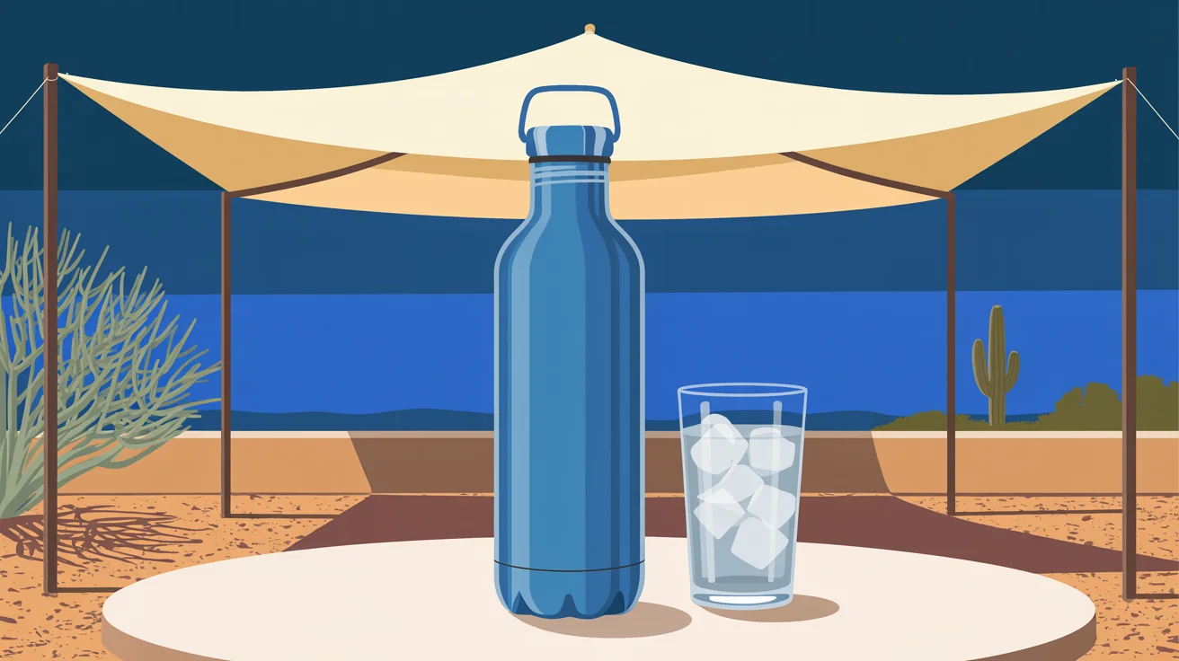 Illustration of a blue insulated bottle and a glass of ice water on a patio table under a shade sail in a desert yard
