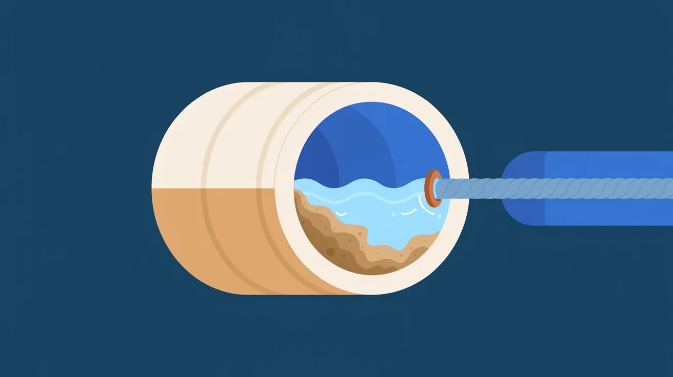 Illustration of a drain pipe opening with sandy buildup and water inside, a twisted blue cable feeding in from the right