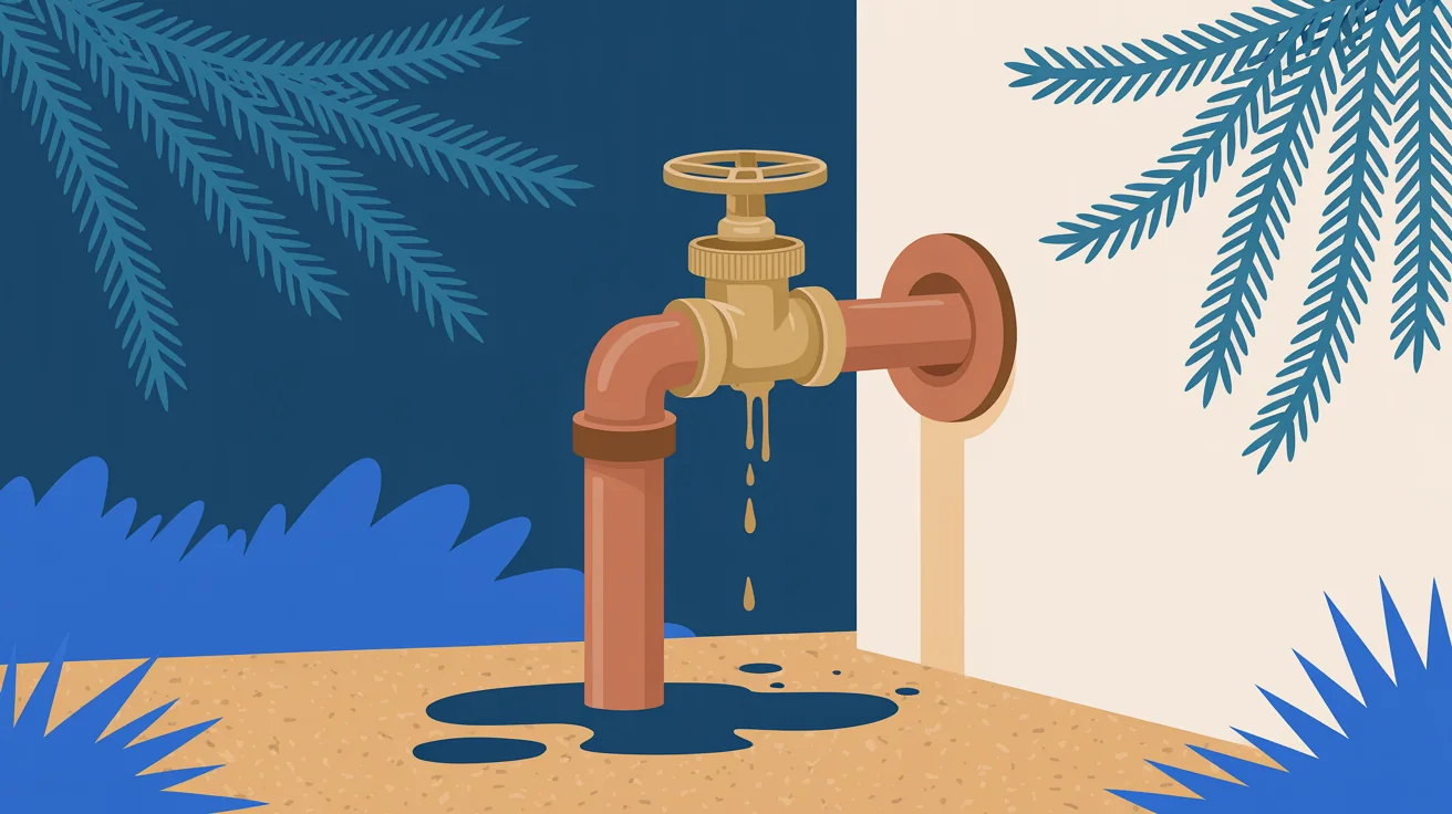 Illustration of a brass gate valve on a copper pipe entering a wall, dripping onto a dark wet patch in desert gravel.