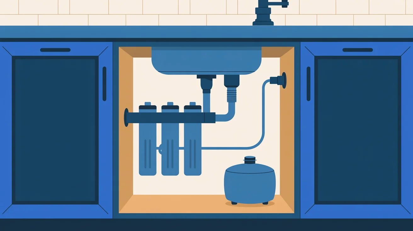Illustration of an under-sink reverse osmosis system with three filter canisters and a storage tank in a kitchen cabinet