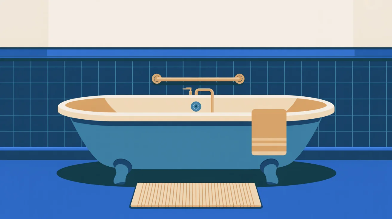 Illustration of an empty clawfoot tub with a grab bar and single-lever faucet against navy tile, a bath mat on the floor