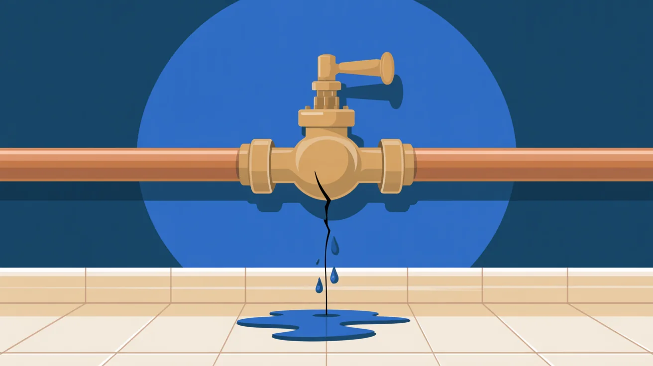 Illustration of a brass shutoff valve on a copper pipe, with water dripping from a crack into a puddle on the tile