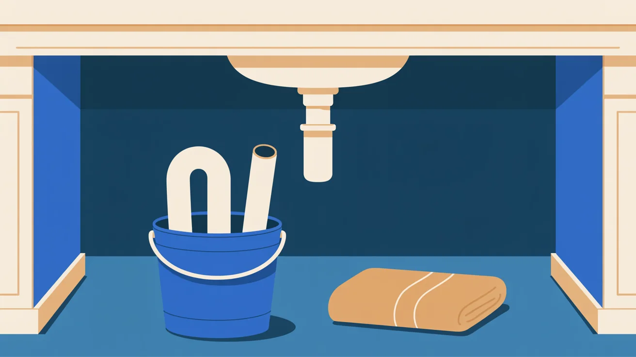 Illustration of an open cream vanity, a U-shaped sink trap resting in a blue bucket below the drain, and a folded towel