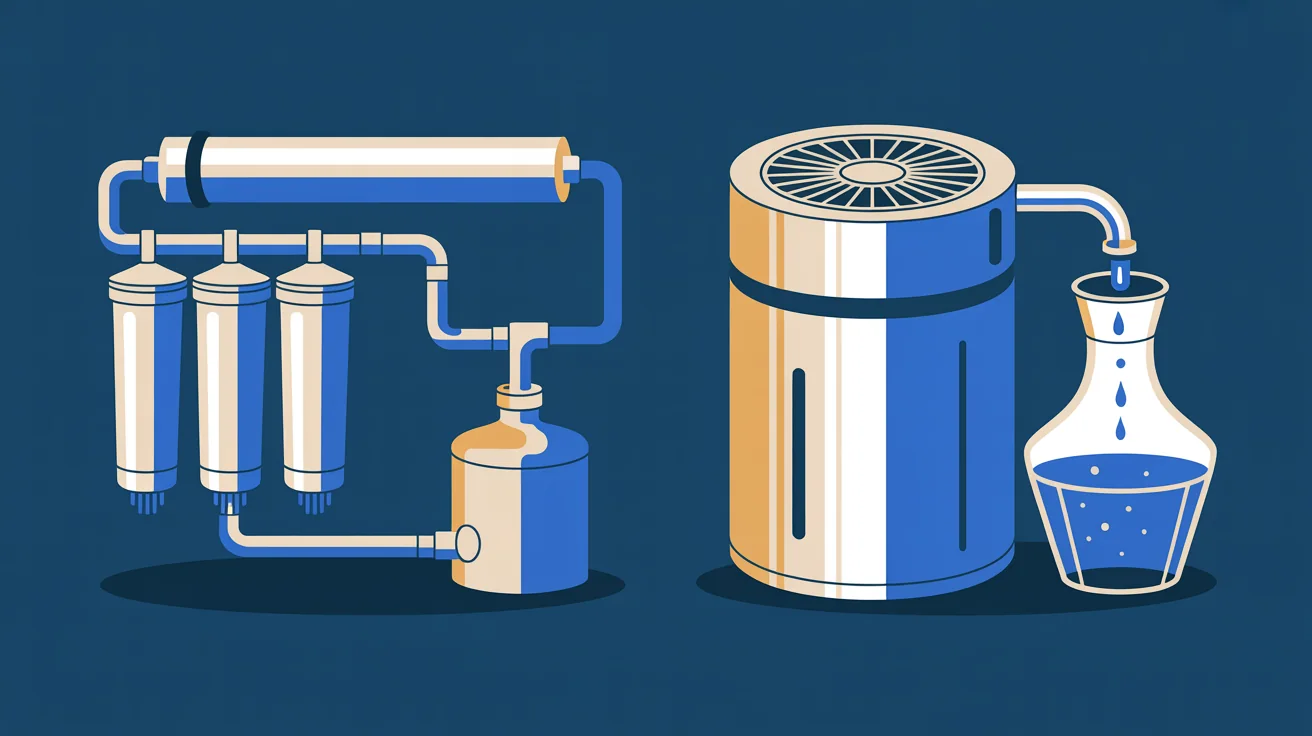 Illustration of a reverse osmosis unit with three filters beside a countertop distiller dripping into a glass carafe