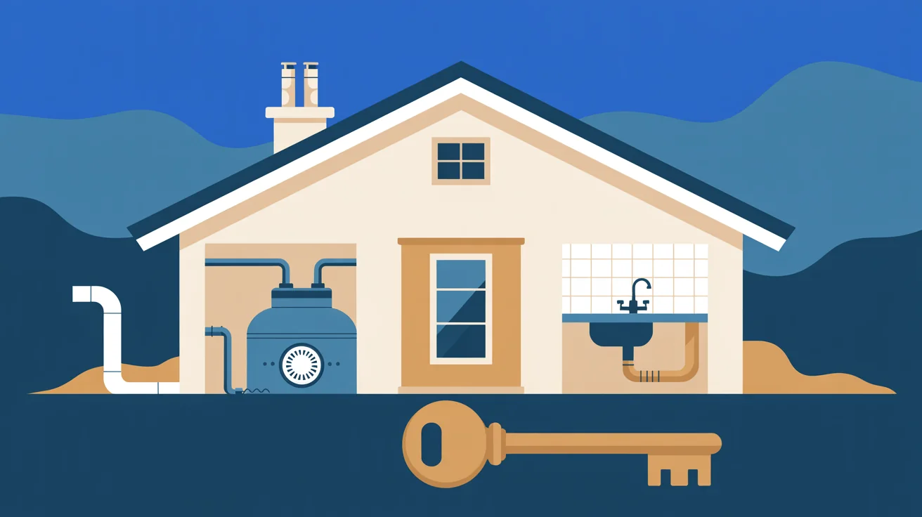 Illustration of a house cut open to show its water heater and sink plumbing, with a large brass house key in front