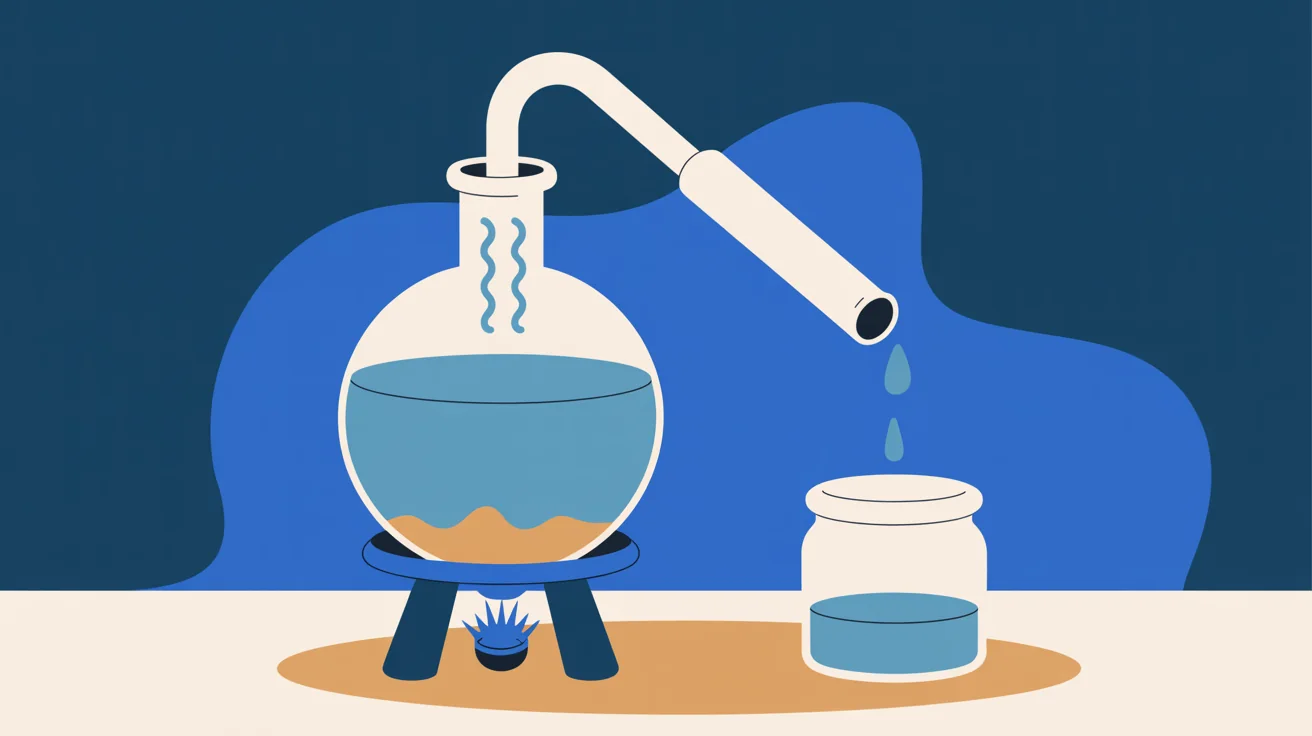 Illustration of a flask of water over a burner, mineral residue in its base, and a sloped condenser dripping into a jar