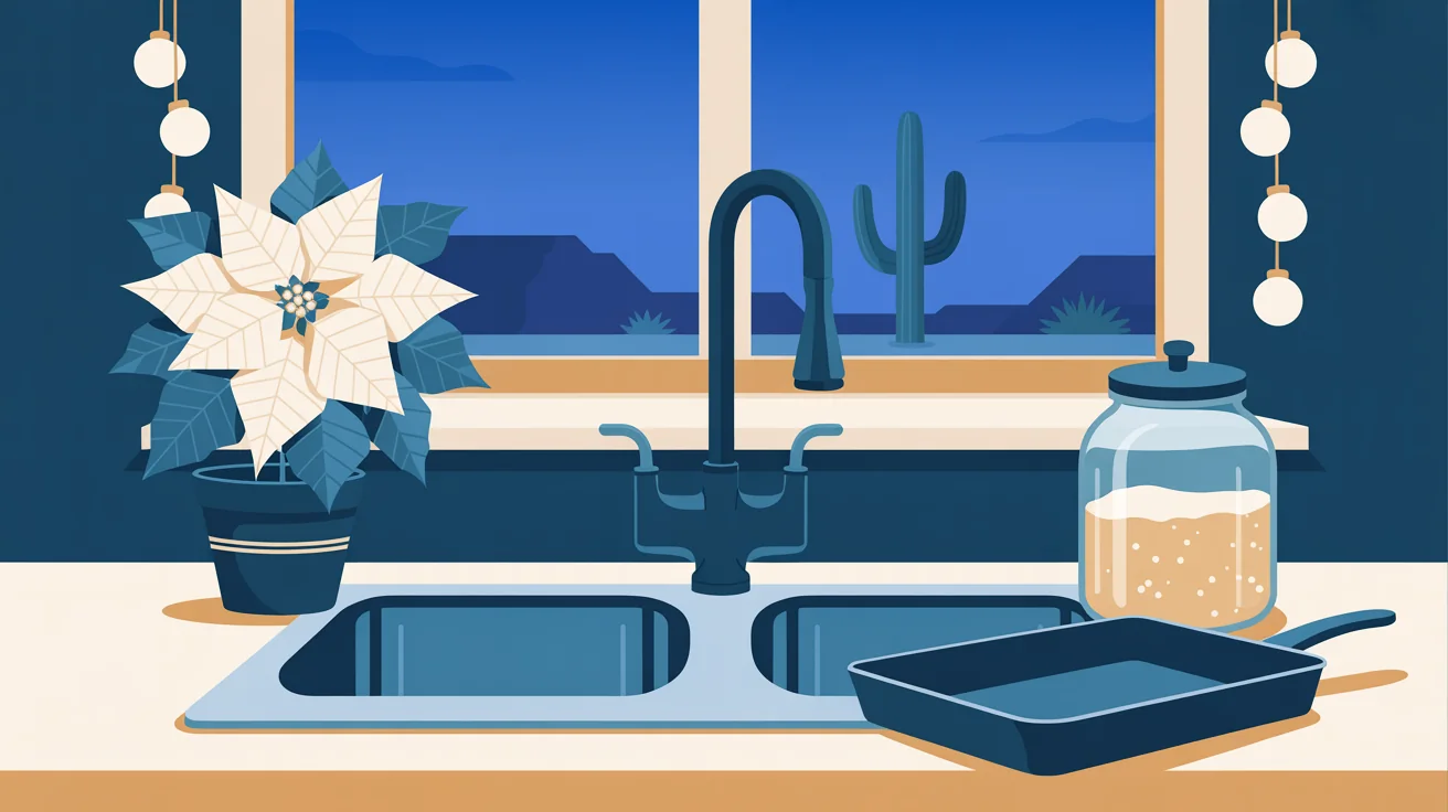 Illustration of a kitchen sink under a dusk desert window with holiday lights, a poinsettia and a lidded grease jar by a pan