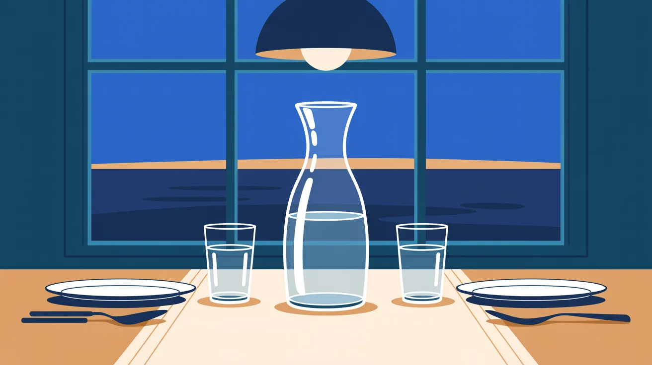 Illustration of a glass carafe of water between two glasses and plates on a dinner table under a pendant lamp in the evening