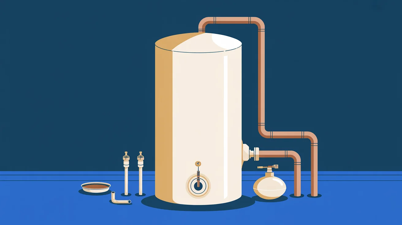 Illustration of a new tank water heater with copper piping and installation fittings laid out on the floor beside it