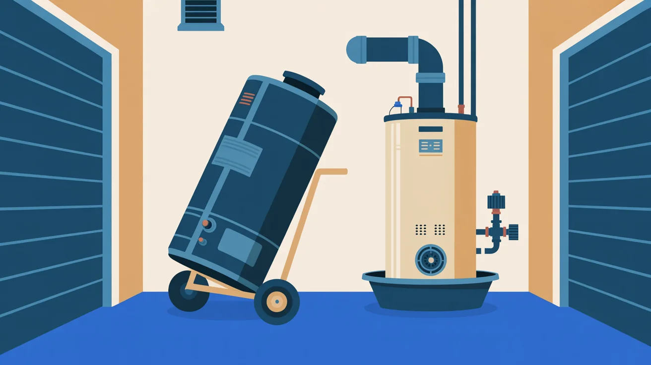 Illustration of an old rusted water heater on a hand truck beside the new tank water heater installed in a garage