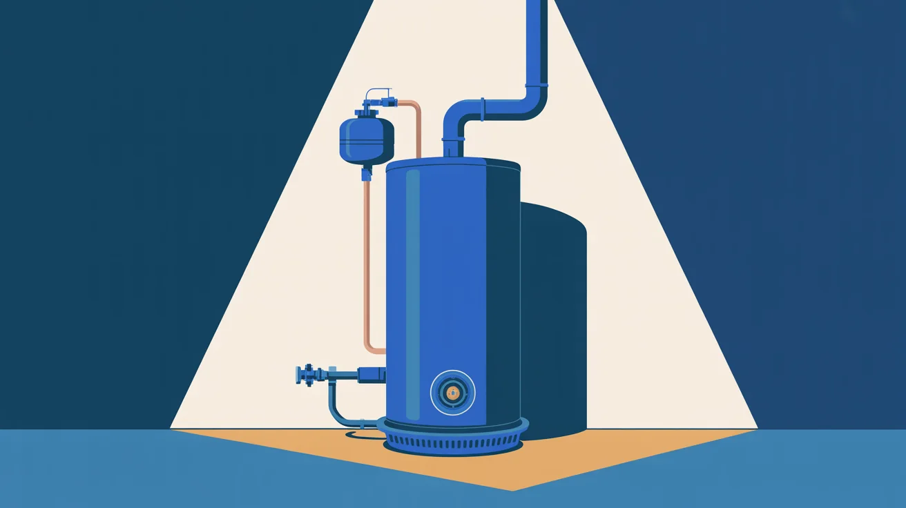 Illustration of a gas tank water heater in a garage corner with its vent pipe, expansion tank and supply valves