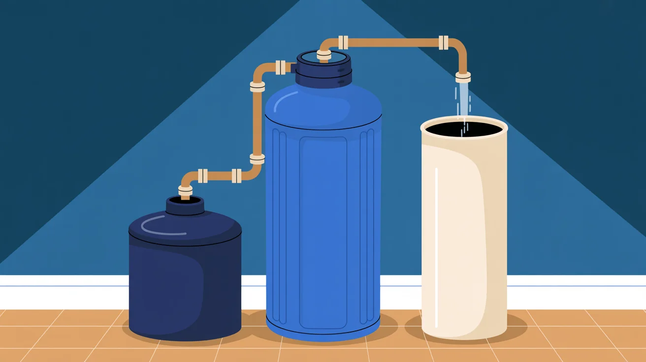 Illustration of a tall blue softener tank beside a squat navy brine tank, its drain line pouring into a cream standpipe