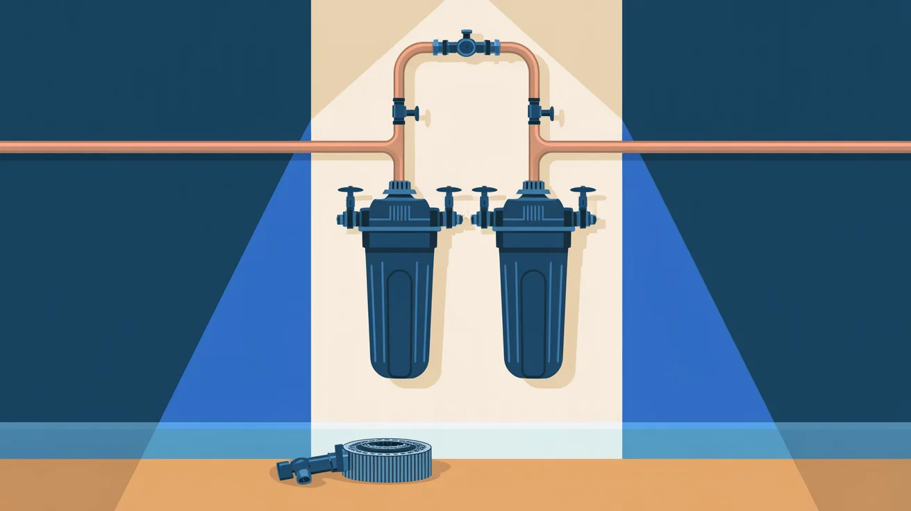 Illustration of two navy cartridge filter housings on a copper water line with valves, a bypass loop and a spare cartridge