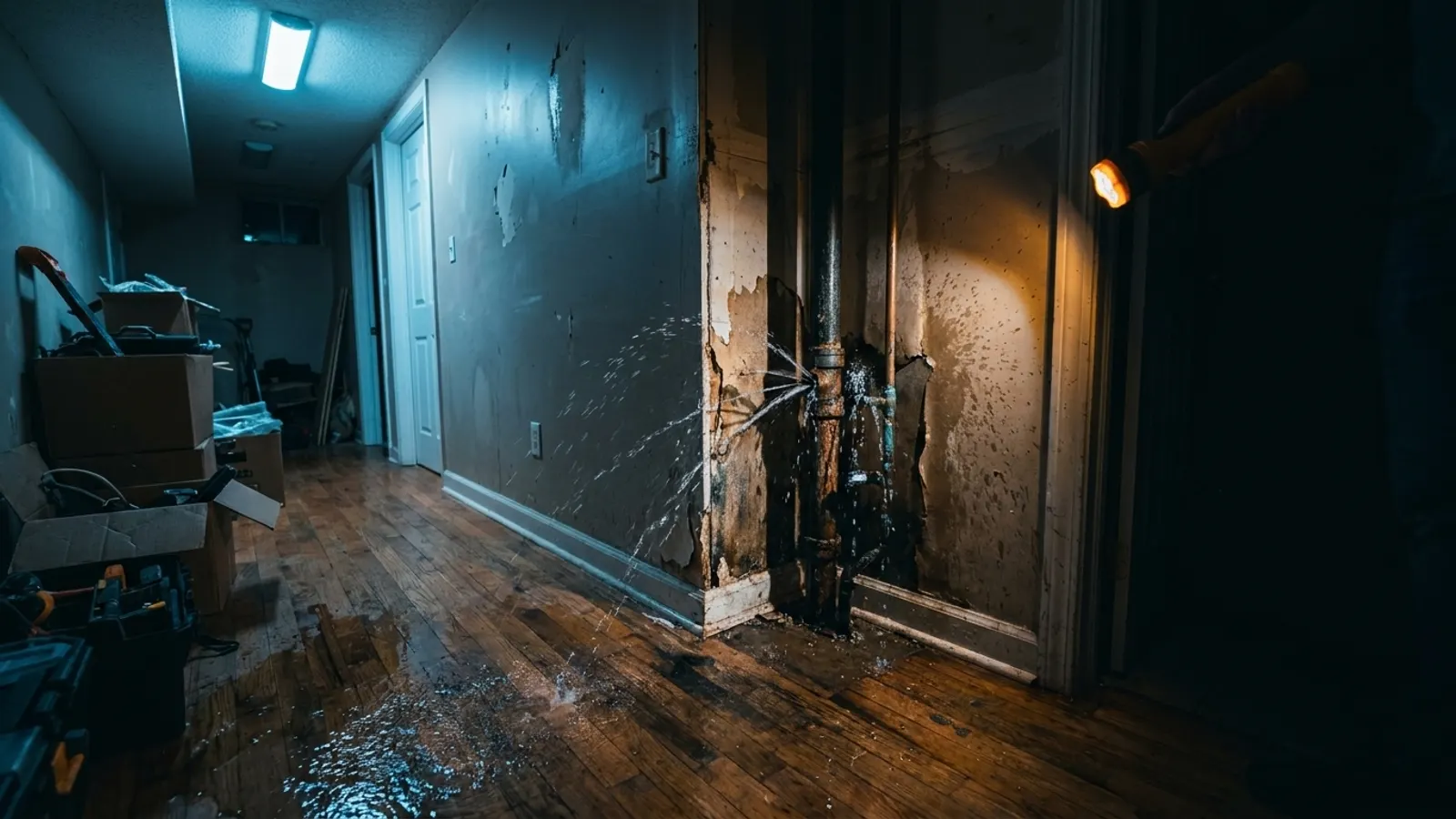 Water spraying from a burst pipe inside an opened hallway wall onto a wet wood floor, lit by a flashlight