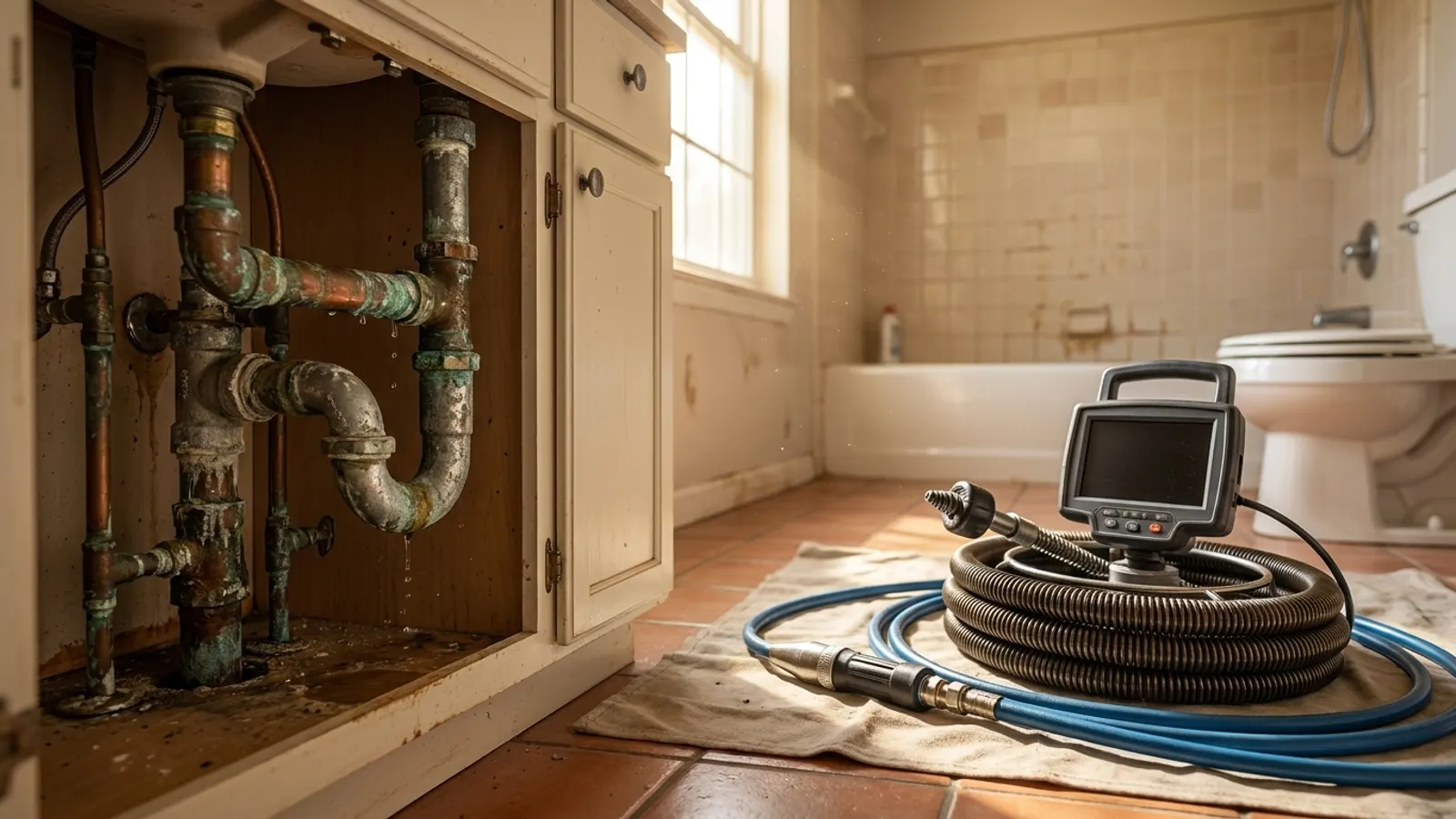 Corroded, dripping pipes under an open bathroom vanity beside a drain inspection camera and coiled hose on a drop cloth
