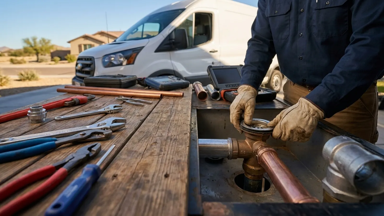 A plumber in leather gloves fitting a drain strainer onto a copper pipe tee at an outdoor workbench, a white van behind