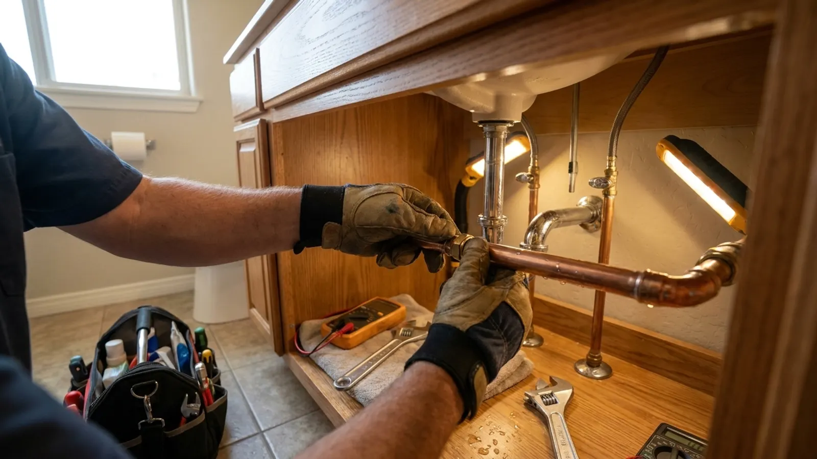 A plumber's gloved hands fitting copper pipe under a bathroom vanity, with a work light, tool bag and wrenches nearby