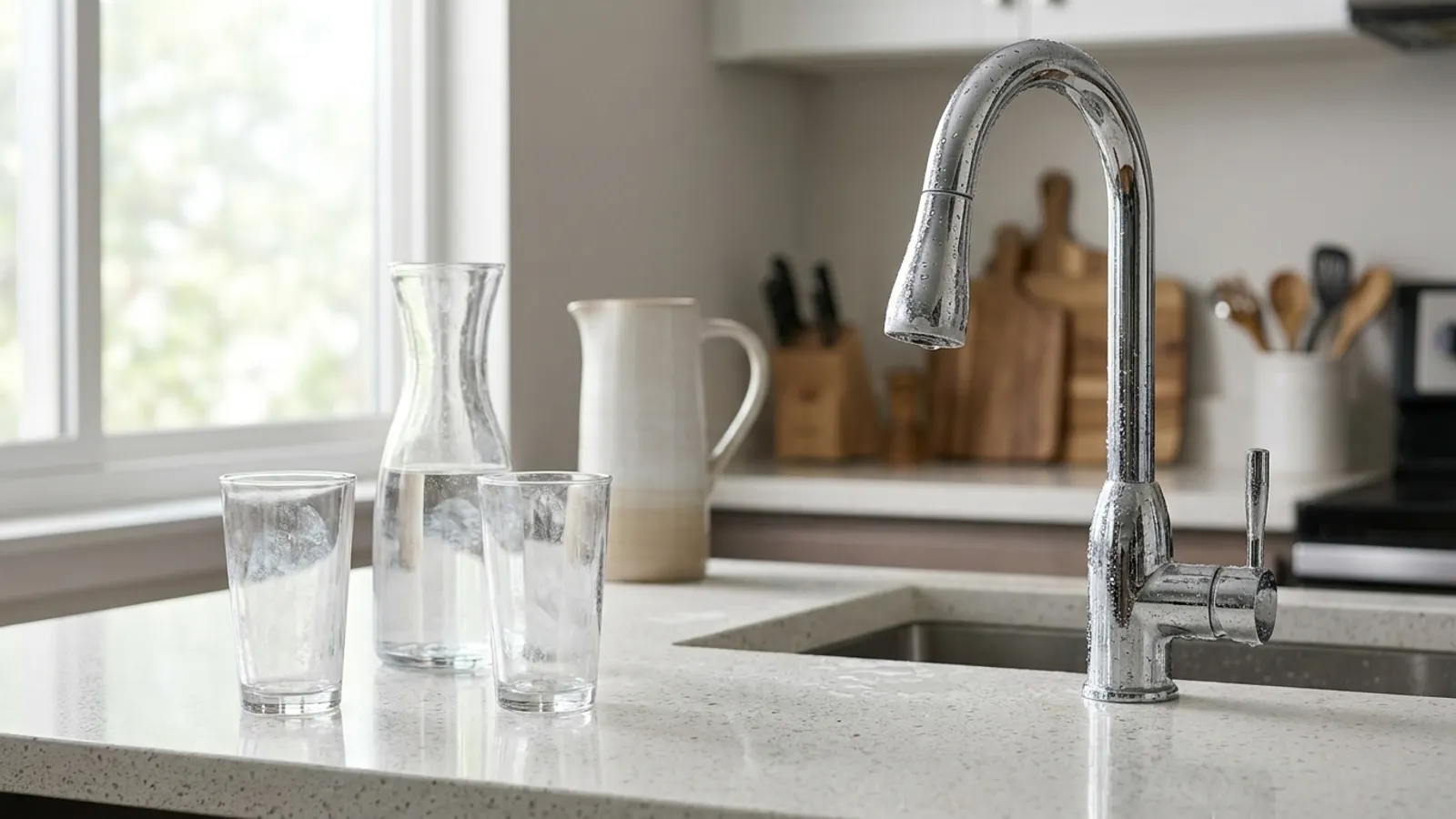 A water-spotted chrome kitchen faucet beside glasses and a carafe of water on a speckled white countertop