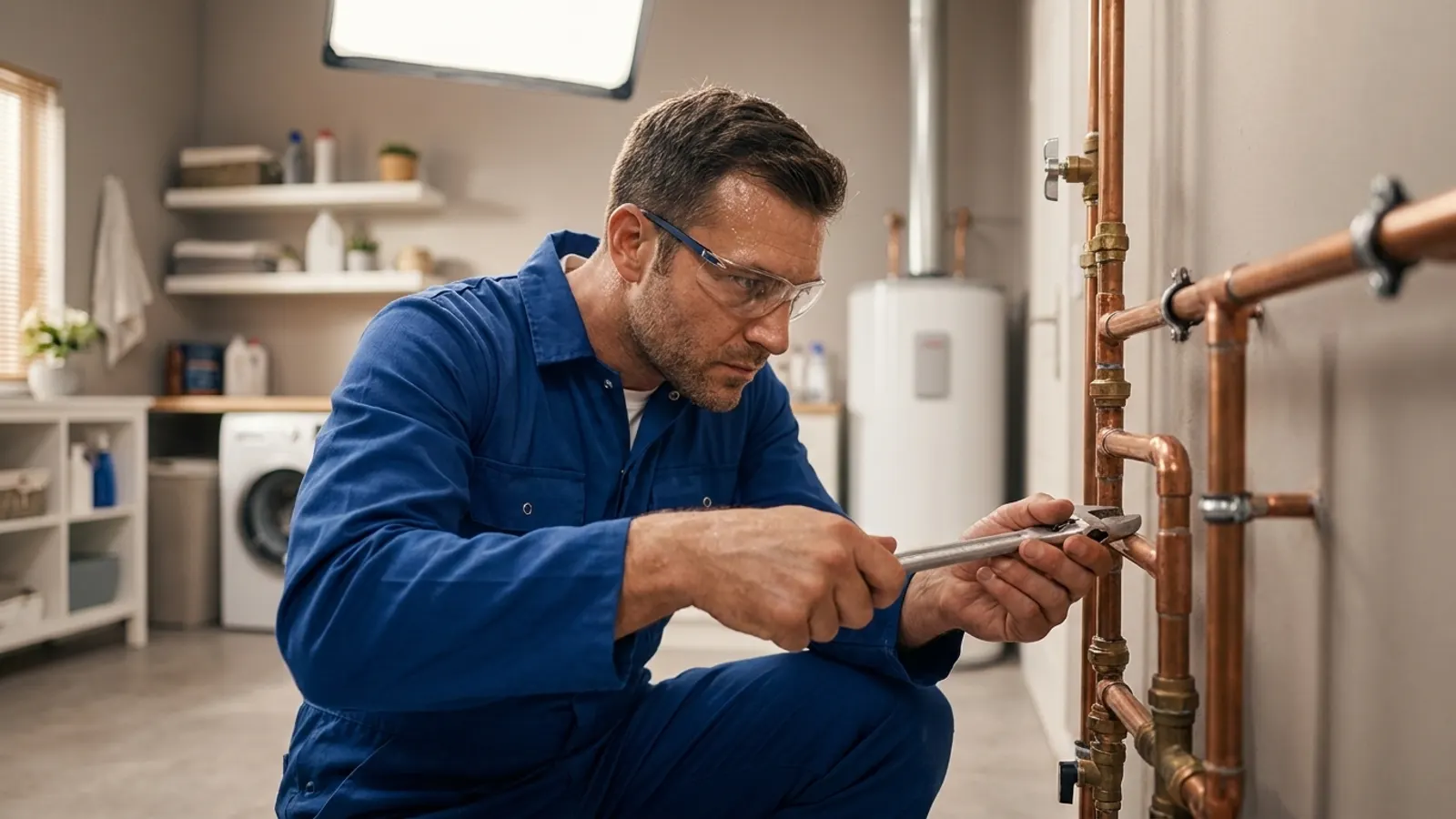 A plumber in blue coveralls and safety glasses tightening a copper pipe fitting in a laundry room with a water heater