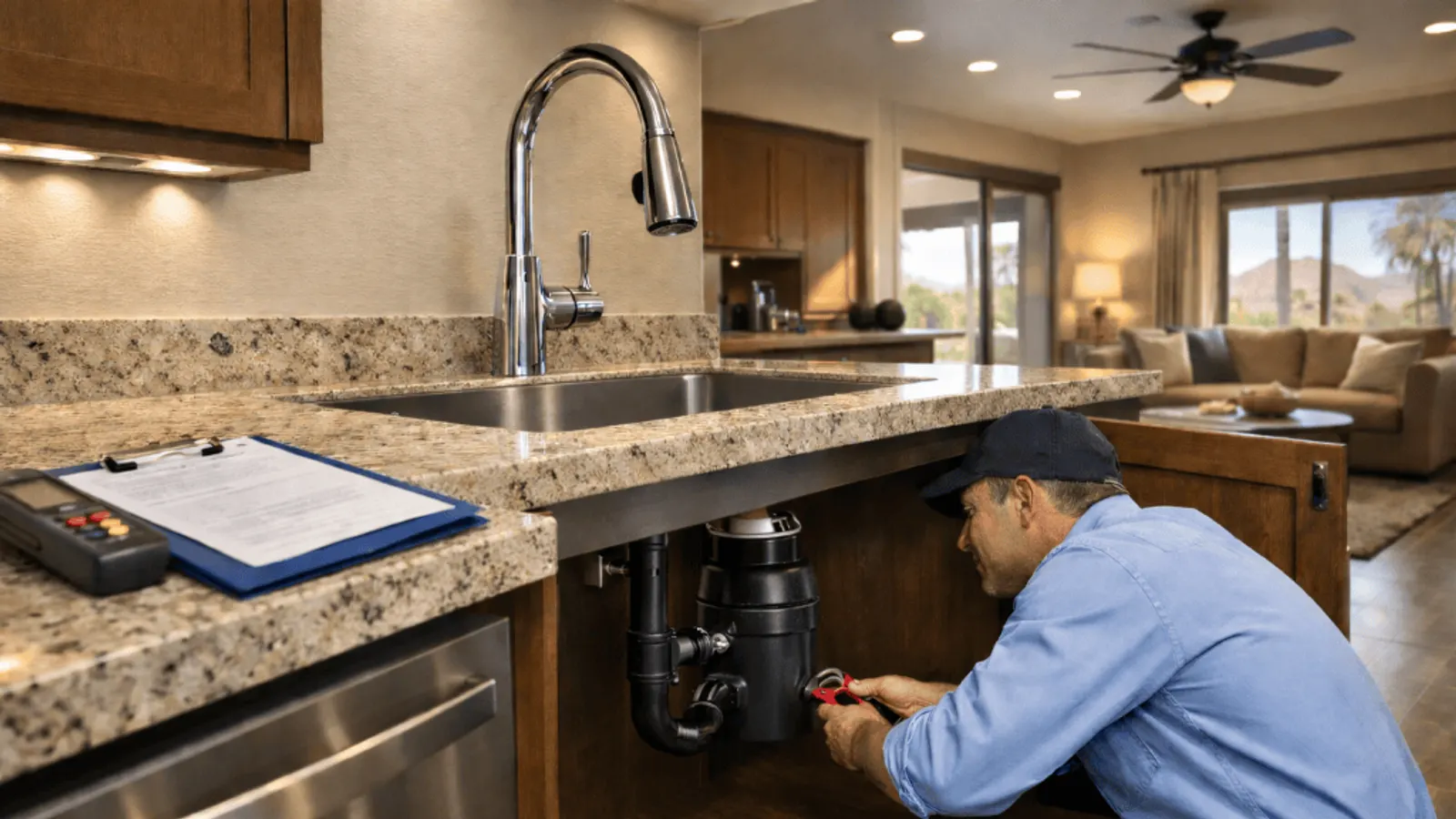 A plumber working on a kitchen sink drain and garbage disposal beside a clipboard and calculator on a granite counter