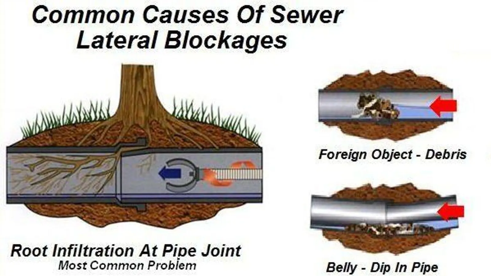 Diagram of sewer lateral blockages: tree roots at a pipe joint, debris lodged in the pipe, and a sagging belly in the line
