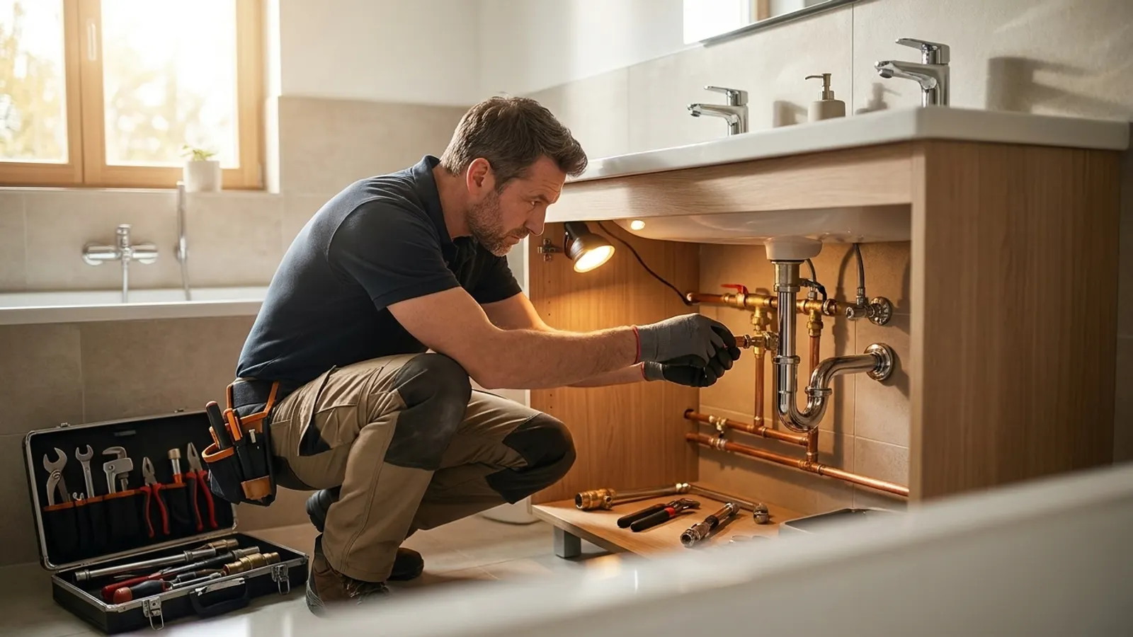 A plumber with a tool belt crouching at an open double bathroom vanity to inspect copper supply lines and the drain trap