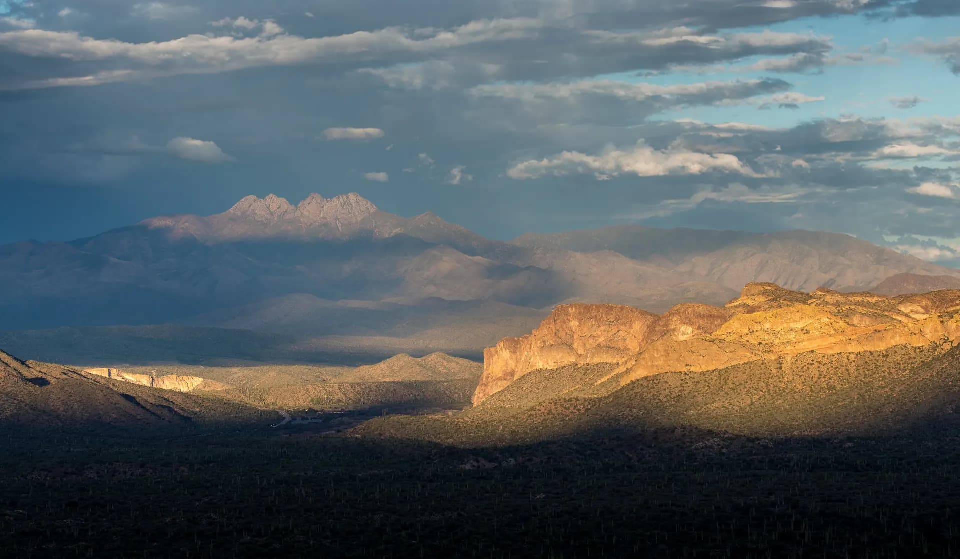 Four Peaks catching the last light at sundown above the desert of the Tonto National Forest