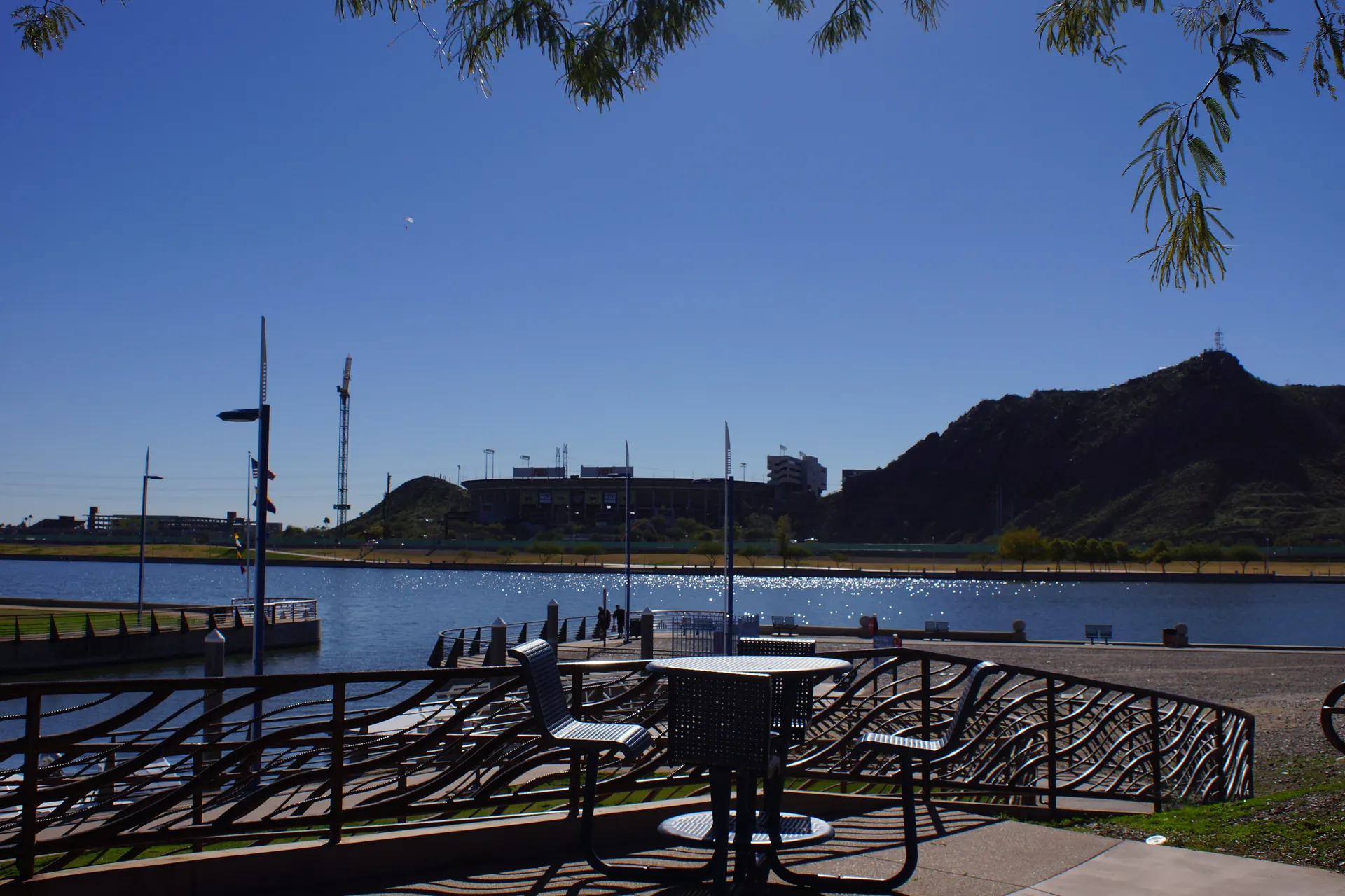 Tempe Town Lake with the stadium and Hayden Butte, known locally as A Mountain, beyond the water