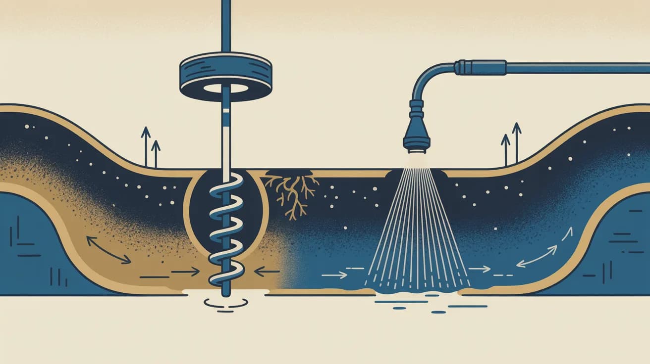 Editorial cutaway of a drain line showing two clearing methods: a spiral auger cable from a drum reel cutting a root and grease clog on the left, and a hydro-jet nozzle rinsing the pipe wall on the right