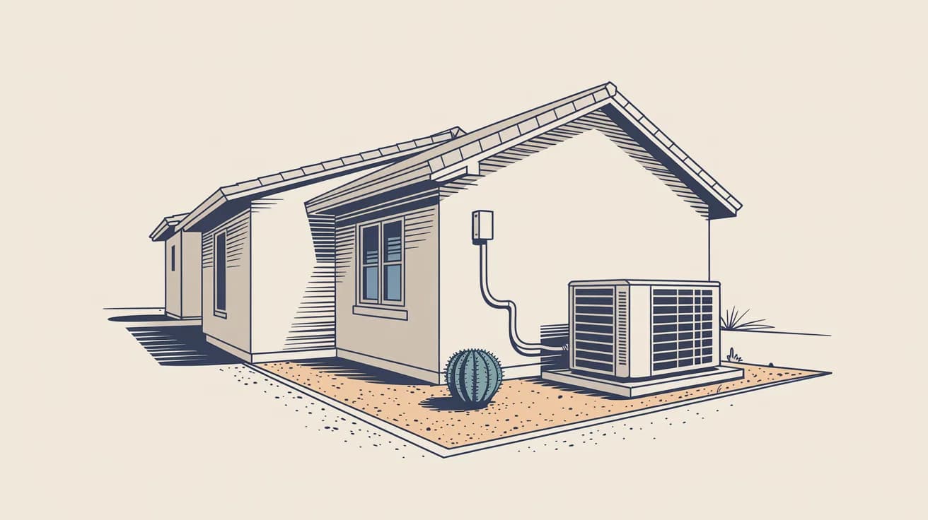 Line drawing of a one-story stucco house with an air conditioning condenser on a concrete pad beside it, a wall-mounted disconnect, a barrel cactus and a gravel yard