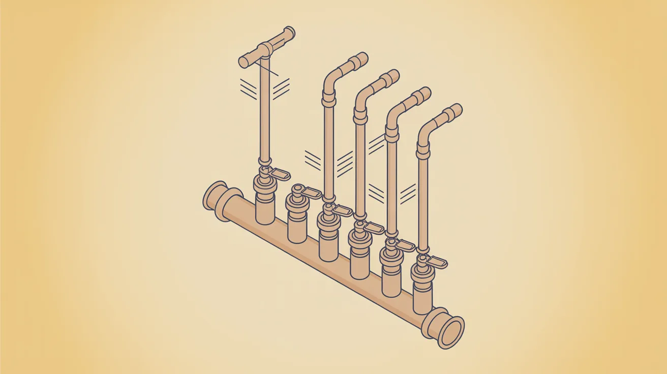 Illustrated cutaway of a residential copper and brass supply manifold: a central distribution block with an individually valved supply run branching to each fixture in the home, so one stop can isolate a single tap