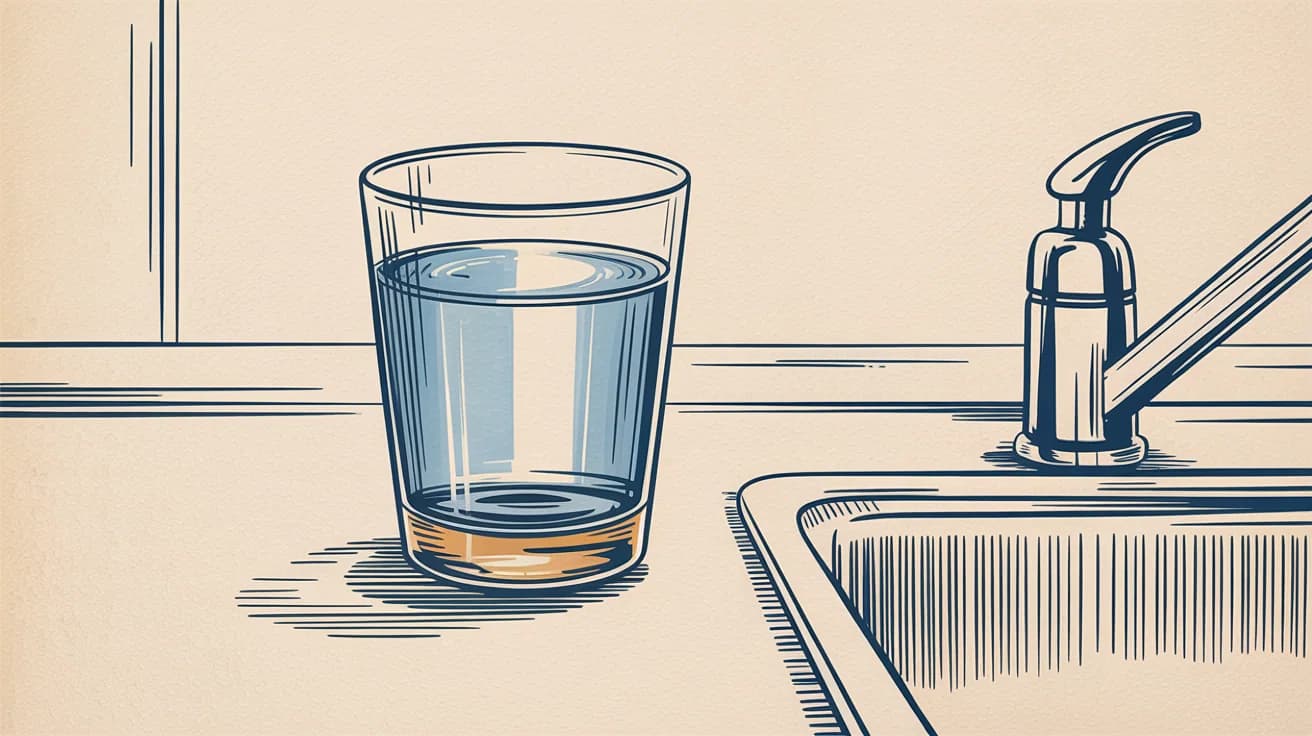 Illustrative glass of drinking water beside a sunlit kitchen sink