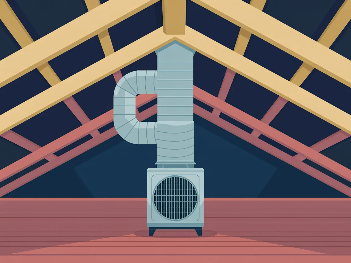An indoor air handler standing in an attic with a large insulated supply duct trunk and a return duct connected to it between the roof rafters