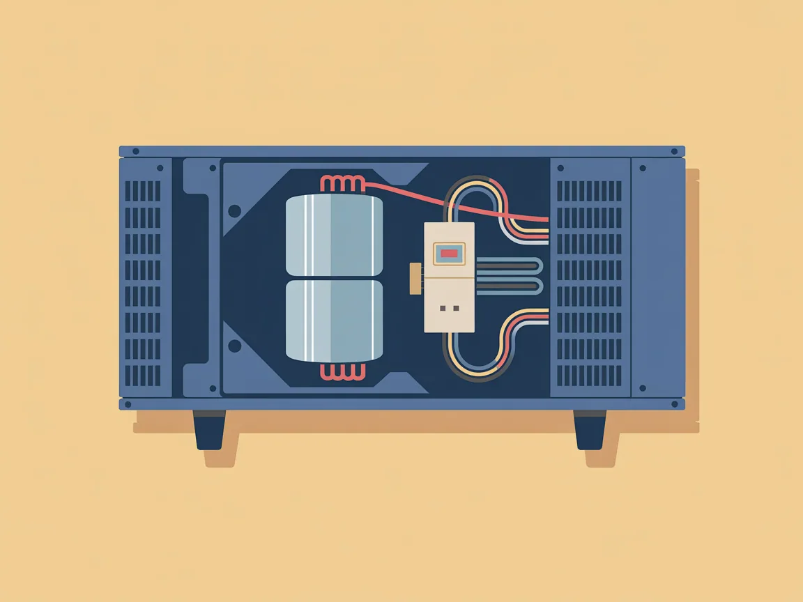The opened electrical compartment of an air conditioner condenser showing a cylindrical dual run capacitor and a contactor block with wires running to their terminals