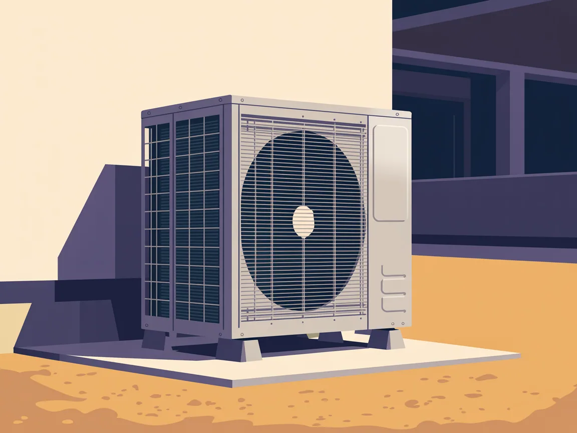An air conditioner condenser unit standing on a gravel pad beside a stucco house in a dusty desert yard, its fan grille and fins coated in fine tan dust
