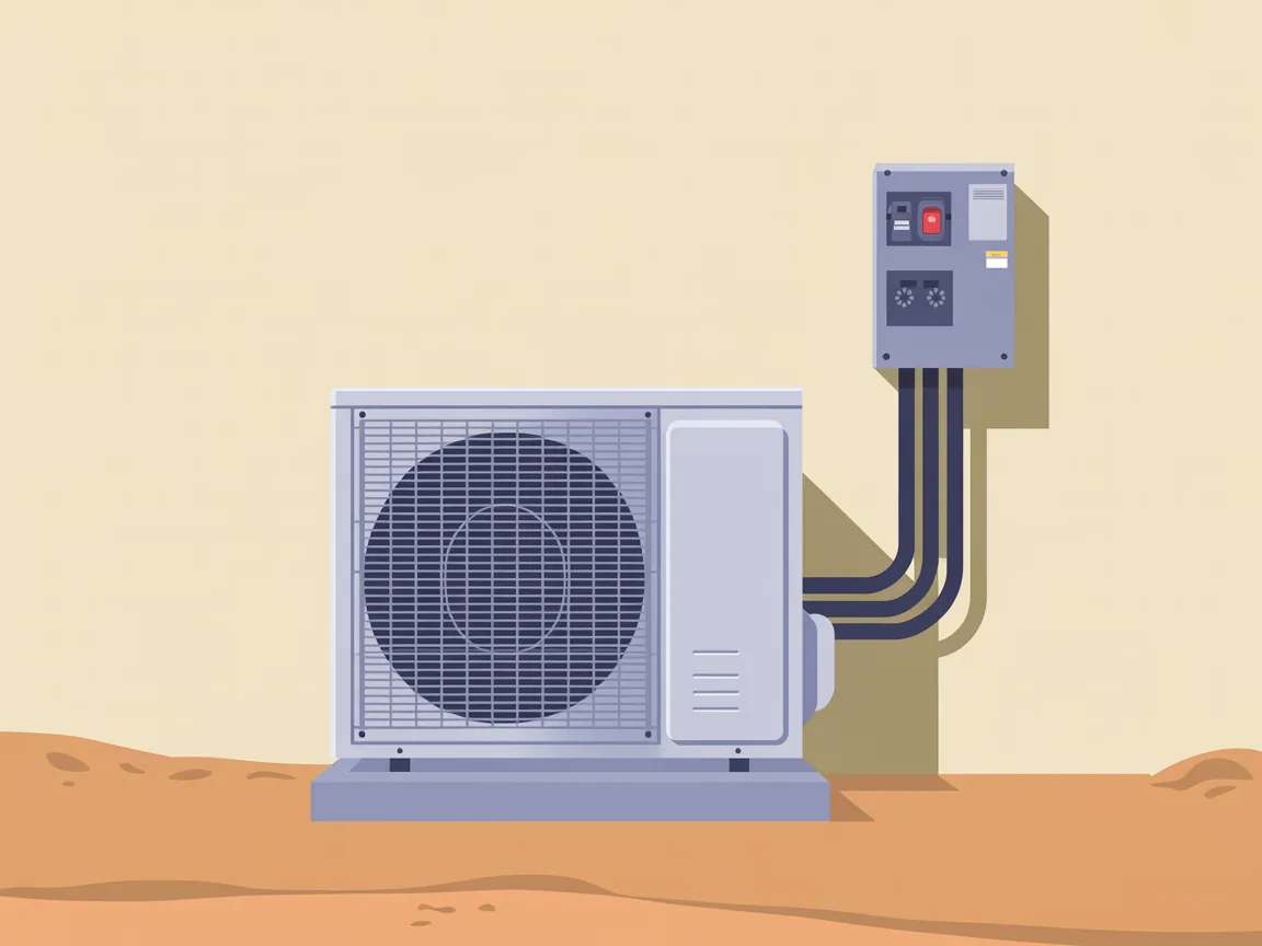 A new outdoor air conditioner condensing unit standing on a concrete pad beside a desert house wall, with an electrical disconnect box on the wall and insulated refrigerant lines running into it
