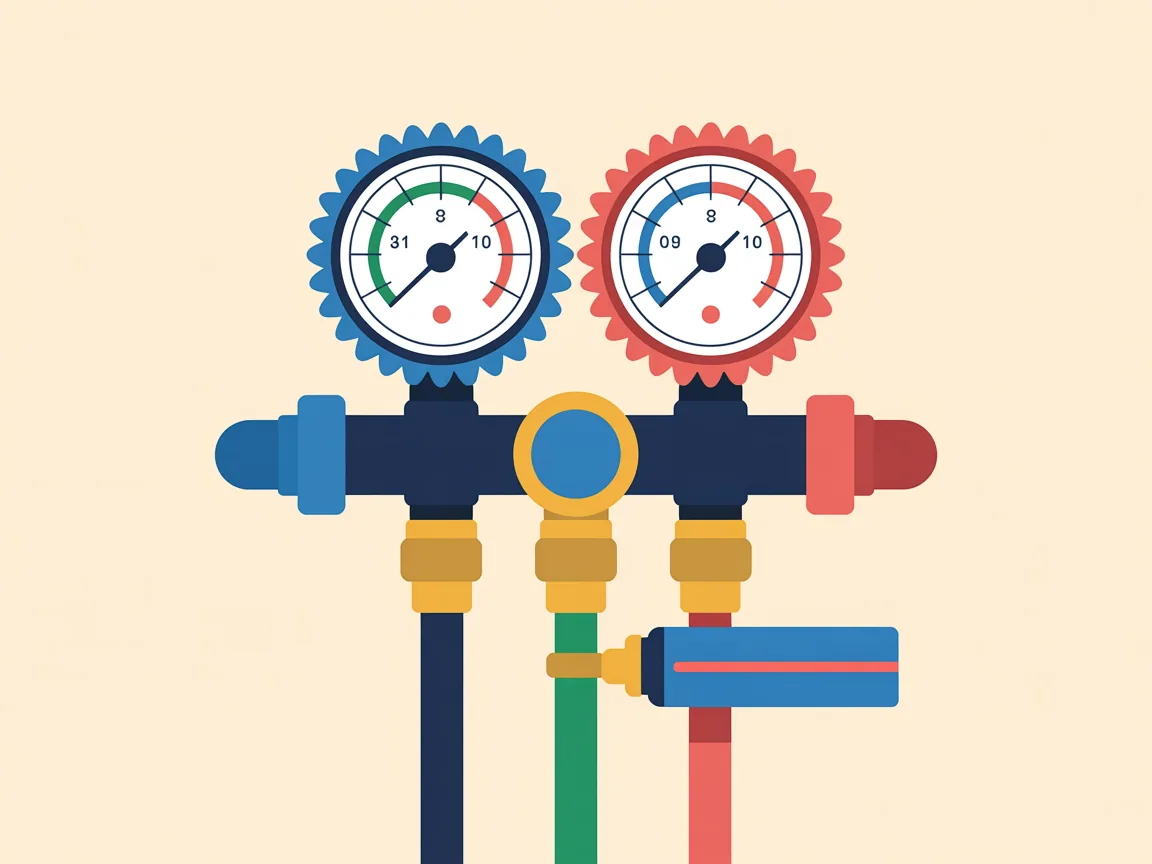 A refrigerant manifold gauge set with two hoses connected to the service valves of an outdoor air conditioner unit, with a temperature probe clipped to the line