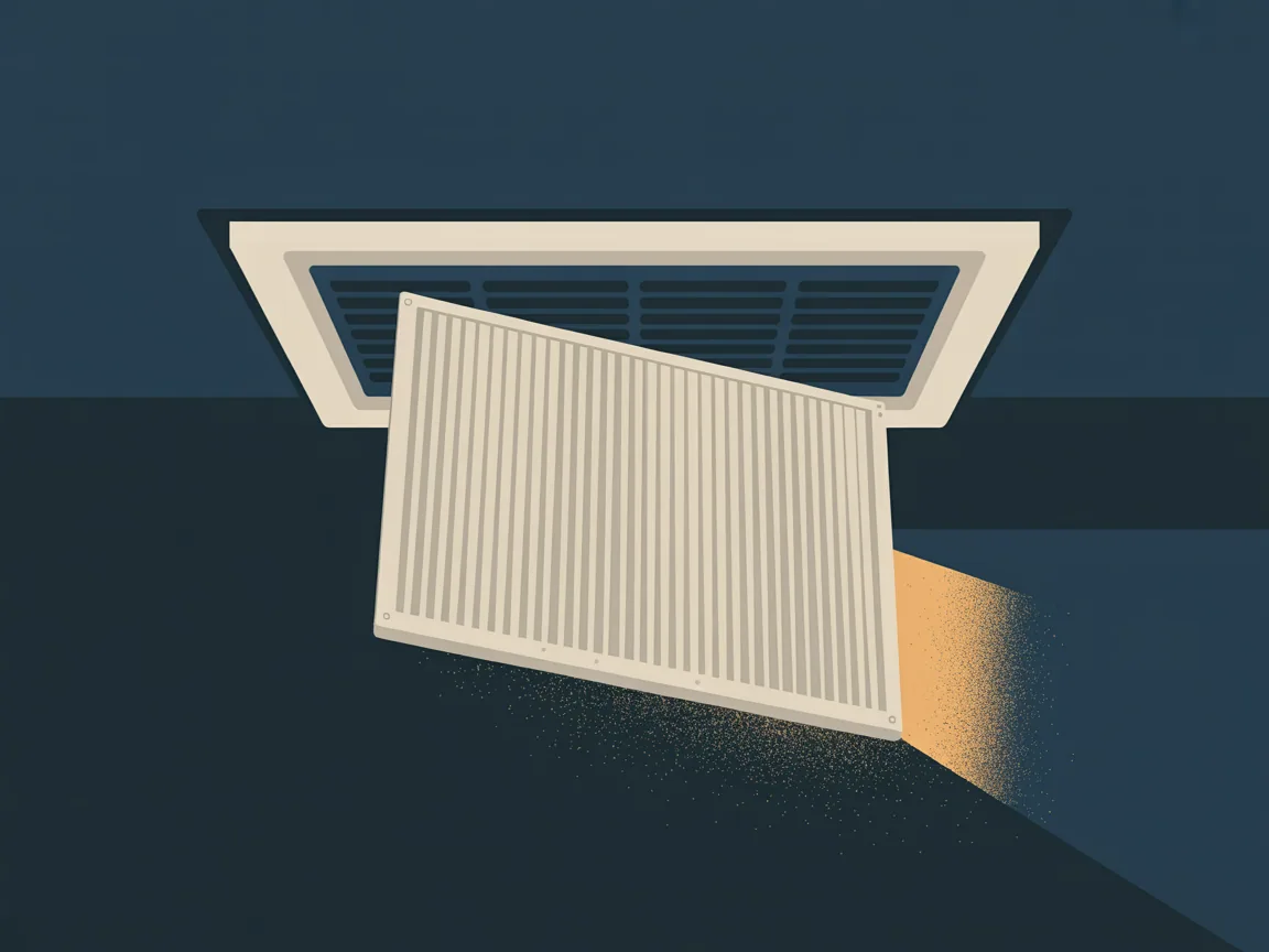 Illustration of a pleated furnace filter pulled halfway out of a ceiling return air grille, its folds packed with fine desert dust