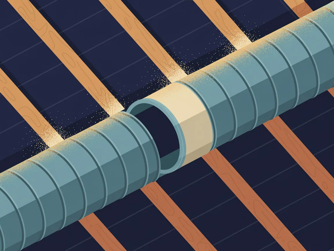 A rectangular metal duct run crossing a hot attic above the ceiling joists, with fine dust settled along the top and a small gap open at one taped joint