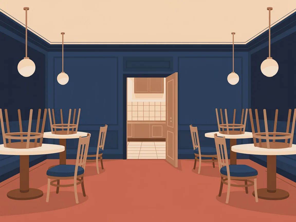 Illustration of an empty restaurant dining room after closing, with chairs stacked on the tables and a floor access panel open beside the kitchen doorway: the after-hours window a commercial job is worked in