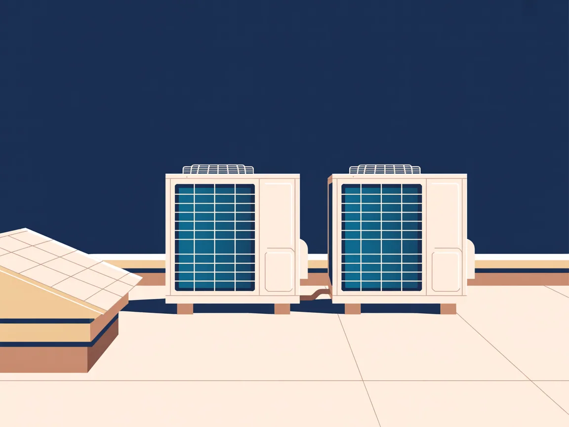 Illustration of two packaged rooftop air conditioning units standing on a flat commercial roof beside a roof hatch, with a condensate line running to a roof drain