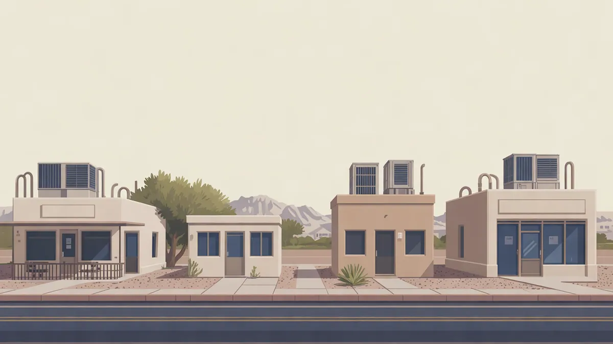 Illustration of a low-rise Arizona commercial street: a restaurant with a patio, a medical office, an apartment building and an office building with packaged air conditioning units on their flat roofs, desert mountains behind