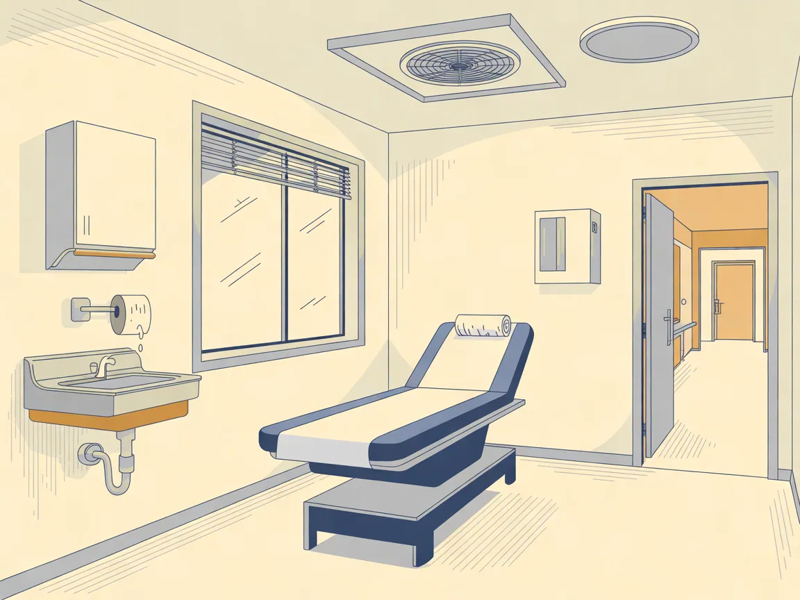 Illustration of an empty outpatient exam room with a padded exam table, a wall-mounted hand sink with a wrist-blade faucet, a wall cabinet and ceiling supply and return air grilles