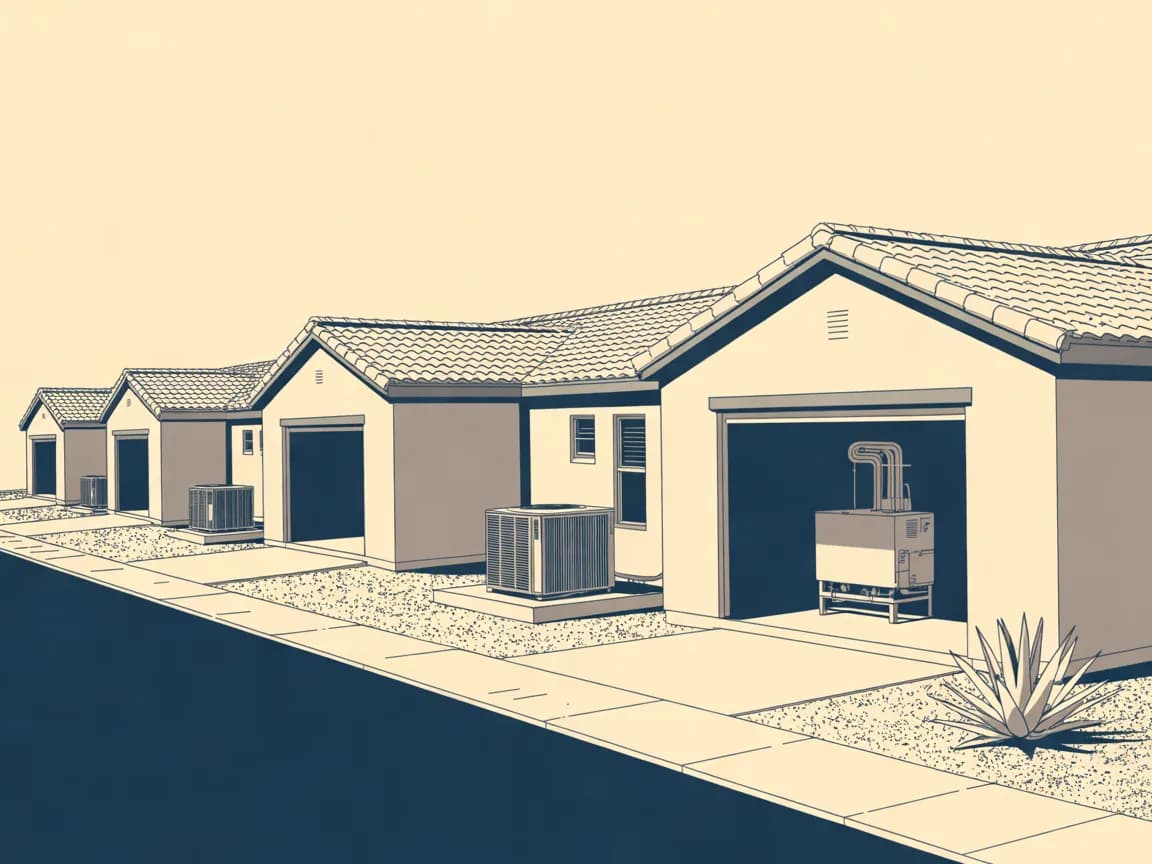 Illustration of a build-to-rent community of matching single-story stucco homes along a curved street, each with a side-yard air conditioning condenser and an open garage showing a water heater