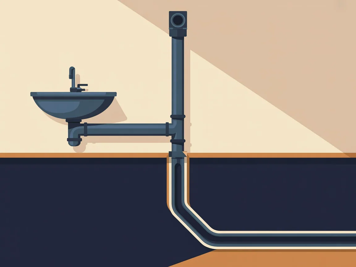 Illustrated cutaway of a house drain system: a sink trap and its branch, a bathroom group feeding a vertical stack, and the building drain running out toward the sewer, showing how fixtures share one line downstream